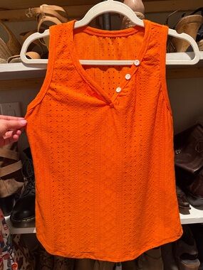 SHEIN Bright Orange Eyelet V-Neck Tank with Button Detail